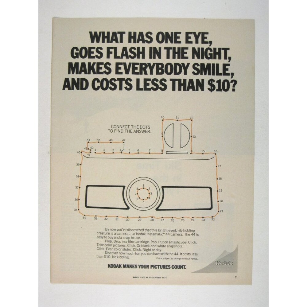 Print Ad Kodak Instamatic Camera Has One Eye Makes Everybody Smile 1971 Vintage